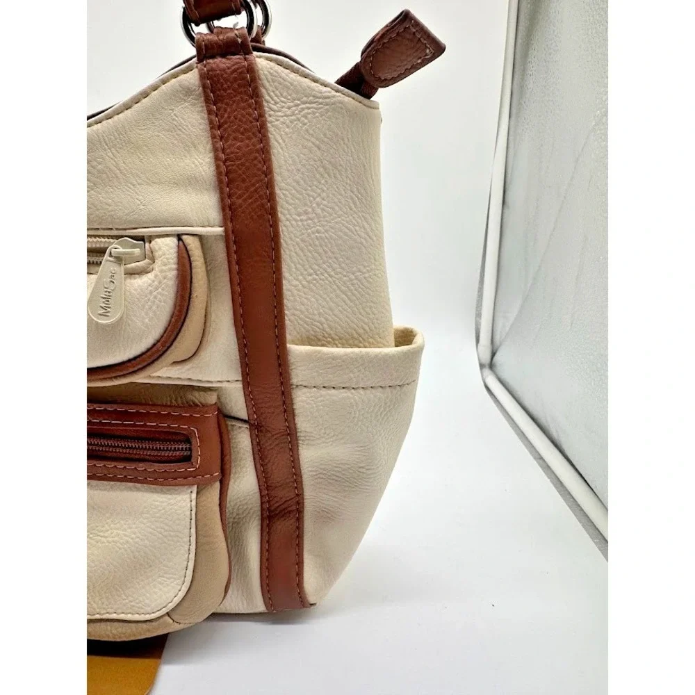 MultiSac Women Shoulder Bag Beige Brown Faux Leather Large Tote Zip Pockets